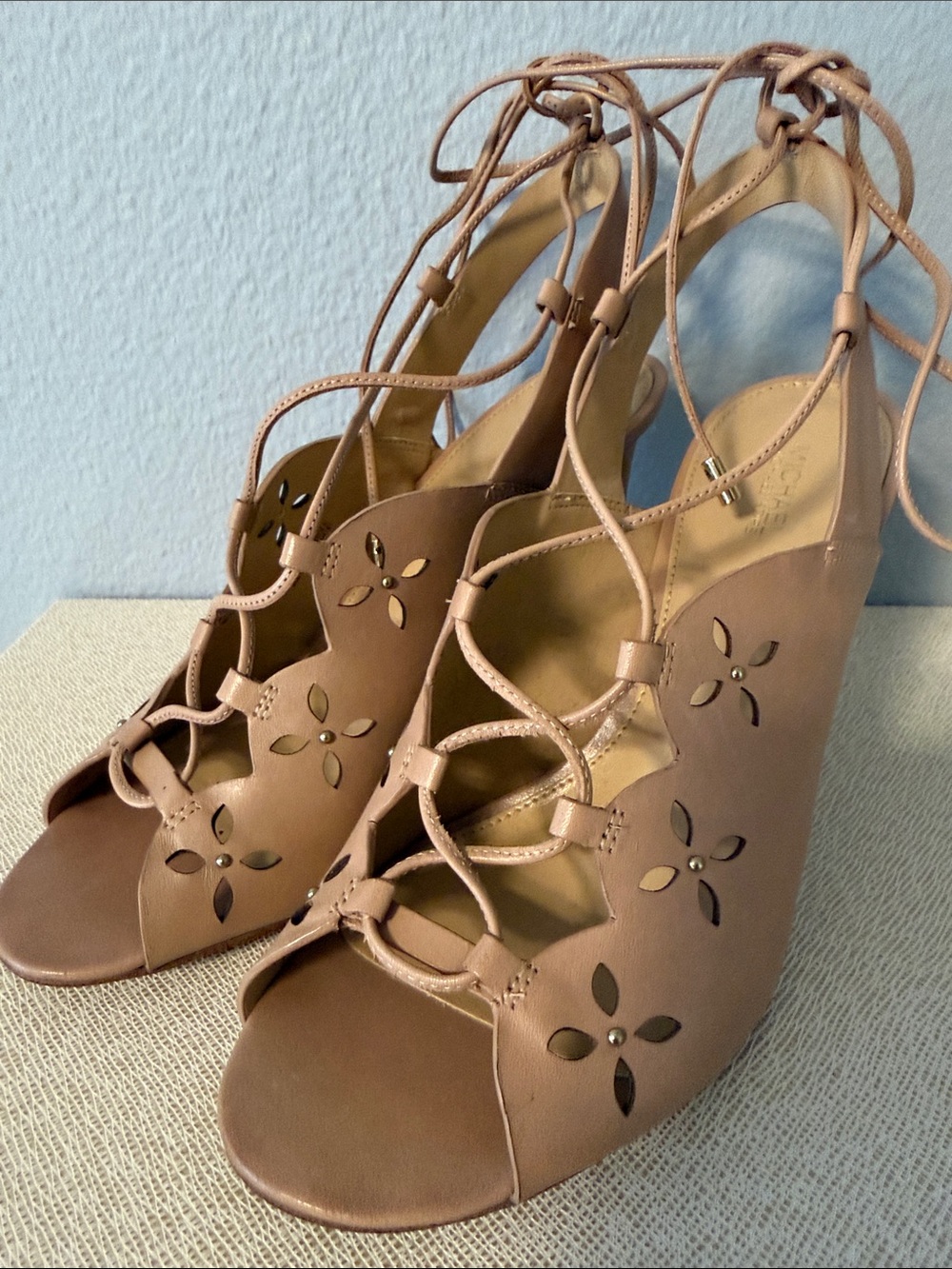 MICHAEL KORS Lace-Up Floral Cutout Wedge Sandals